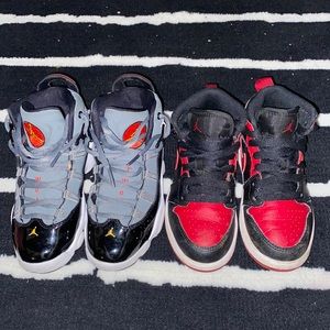 Kids Jordan 6 Rings Smoke Grey Black Red Gold and Jordan 1 Mid Banned (Lot of 2)